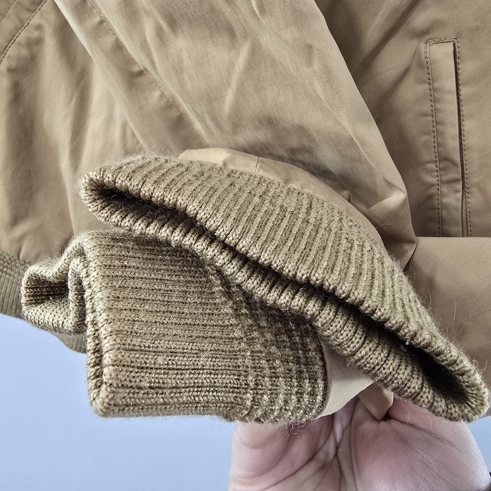 H&M Sateen Bomber Jacket Neutral Spring Knit Trim Check Tan Cropped Crop Size 8 - Picture 3 of 12